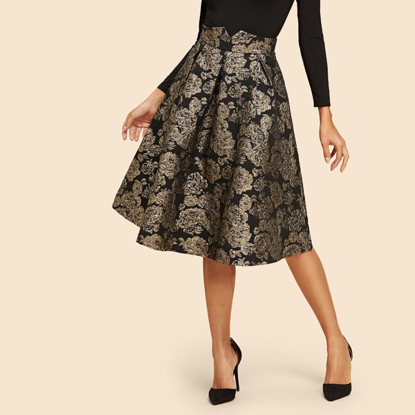 

Flare Floral Jacquard Skirt, Black