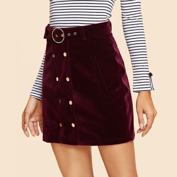 

Double Button Belted Velvet Skirt, Burgundy