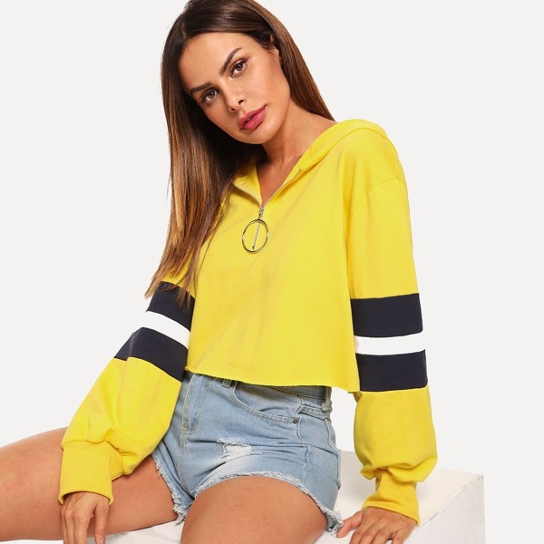

O-Ring Zip Front Crop Striped Hoodie