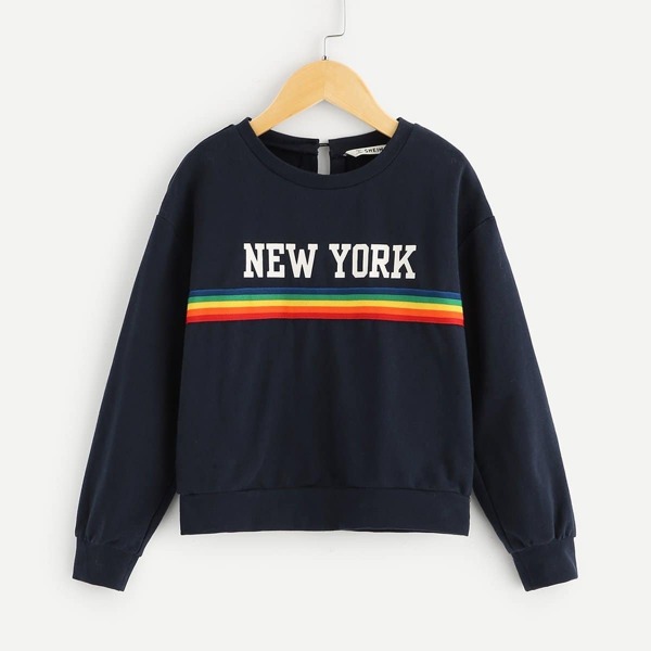 

Girls Letter and Striped Print Pullover, Navy