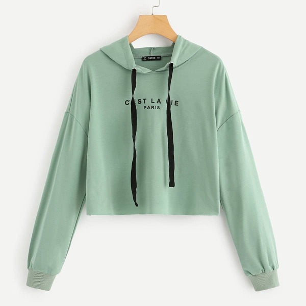 

Drop Shoulder Raw Hem Crop Hoodie