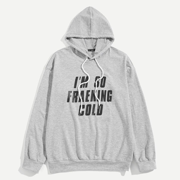 

Men Letter Front Drawstring Hoodie, Grey