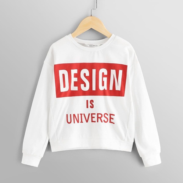 

Girls Drop Shoulder Letter Print Pullover, White