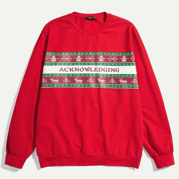 

Men Crew Neck Christmas New Year Print Pullover, Red