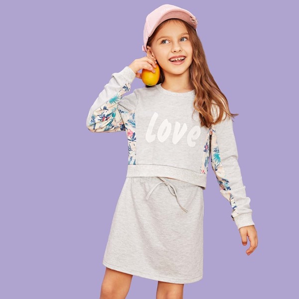 

Girls Mixed Print Pullover & Drawstring Waist Skirt Set