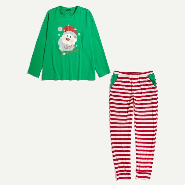 

Men Christmas Santa Print Tee & Striped Pants PJ Set