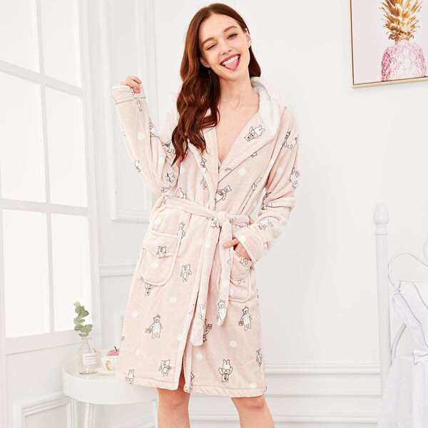 

Bear Print Self Belted Hooded Robe