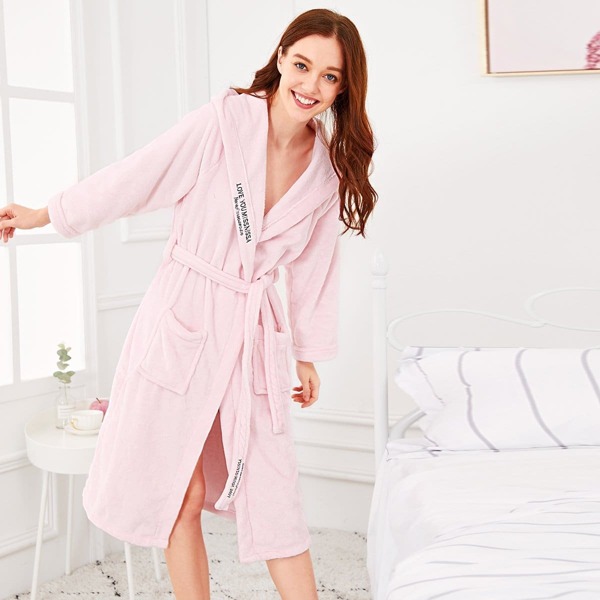 

Letter Embroidered Plush Hooded Bathrobe, Baby pink