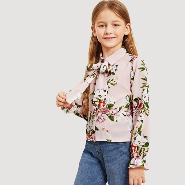

Girls Tie Neck Floral Shirt