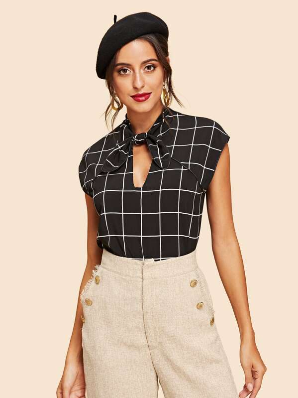 

Bow Front Grid Print Blouse, Black, Mary P.