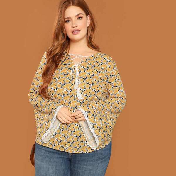 

Lace Up V-Neck Bell Sleeve Top