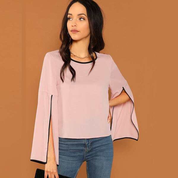 

Contrast Binding Slit Sleeve Top, Pink