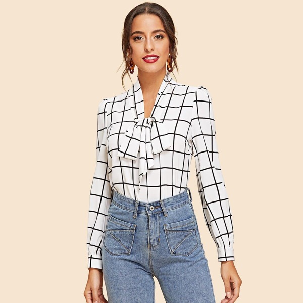 

Tie Neck Grid Blouse, Black and white