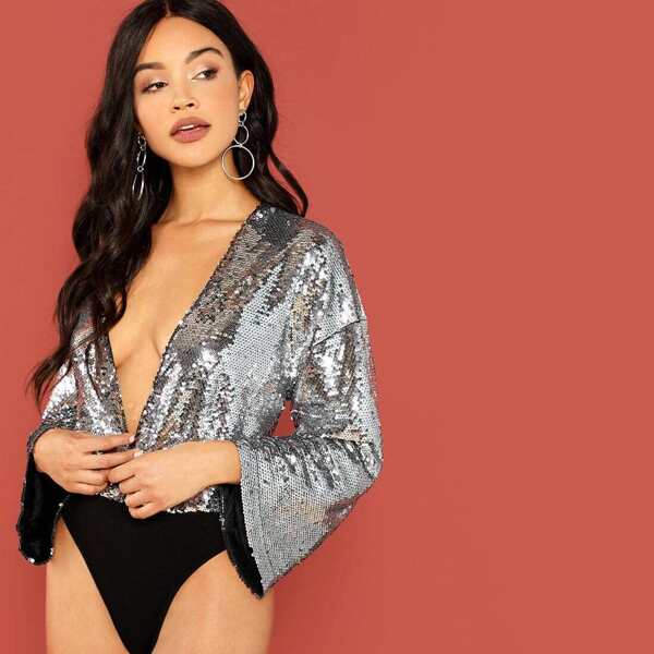 

Plunging Neck Bell Sleeve Sequin Bodysuit