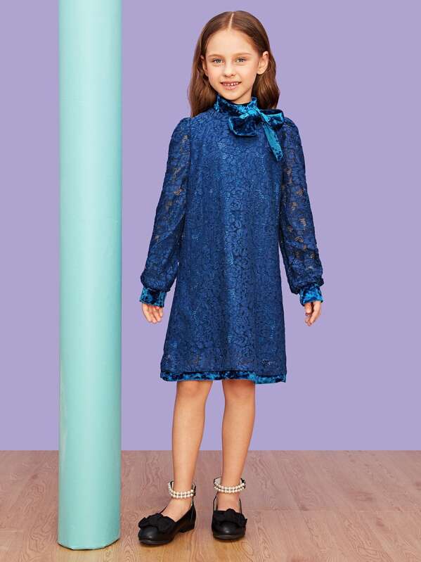 

Girls Velvet Trim Tie Neck Floral Lace Dress, Blue