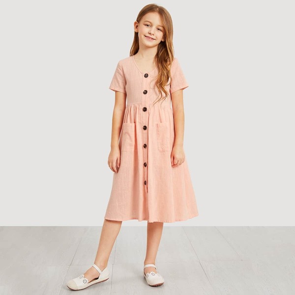 

Girls Button Up Pocket Front Shirt Dress, Baby pink