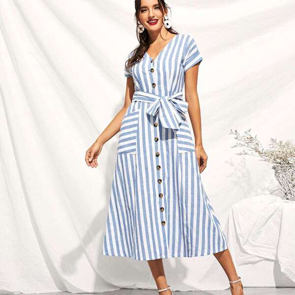 

Button Through Patch Pocket Striped Midi Dress, Blue