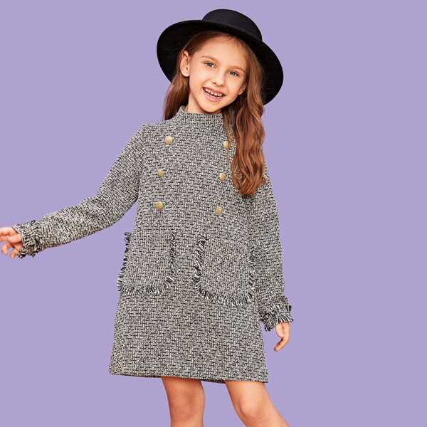 

Girls Double Button Raw Hem Tweed Dress, Black and white