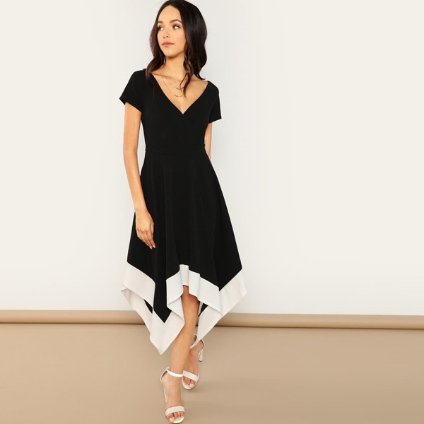 

Cut & Sew Hanky Hem Surplice Dress, Black