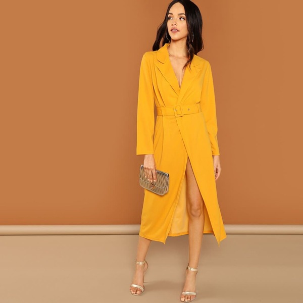 

Buckle Belt Split Surplice Blazer Dress, Yellow