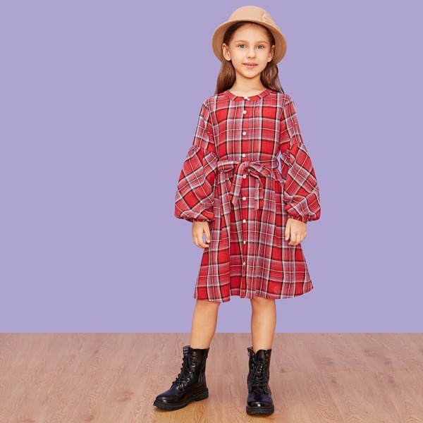 

Girls Button Up Tie Waist Plaid Dress, Red