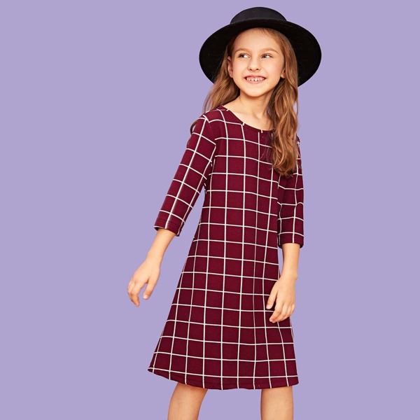 

Girls Grid Check Dress, Burgundy