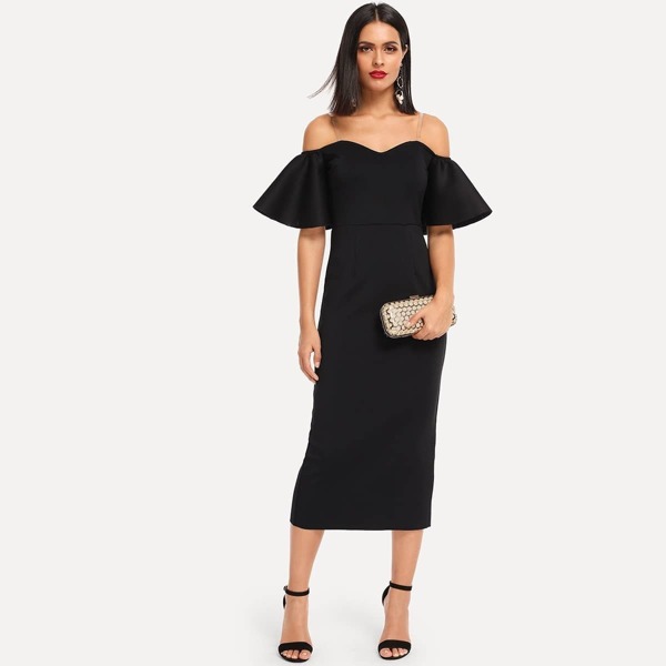 

Flounce Sleeve Split Back Off Shoulder Midi Dress, Black