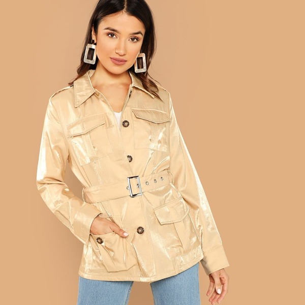 

Pocket Front Button Up Jacket, Khaki