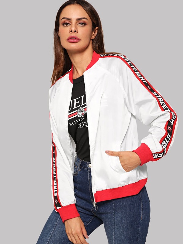 

O-Ring Zip Up Letter Side Jacket, White, Andy