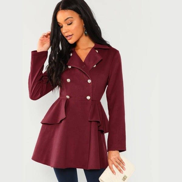 

Double Breasted Collar Neck Solid Coat, Burgundy