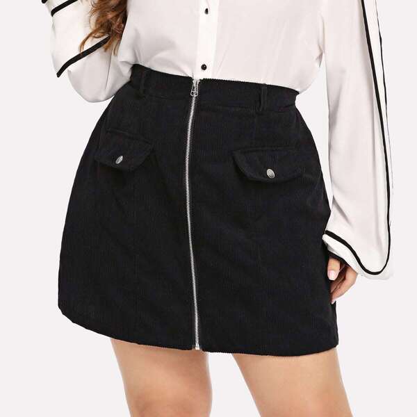 

Plus Zip-Up Corduroy Skirt, Black