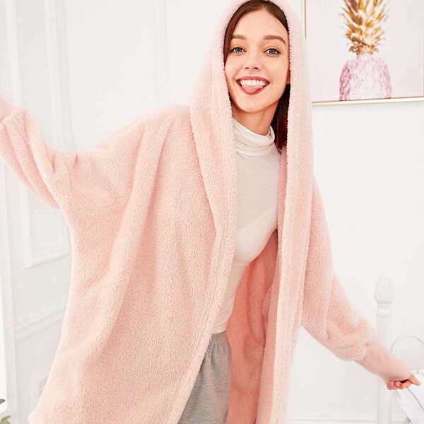 

Solid Plush Hooded Robe, Pink