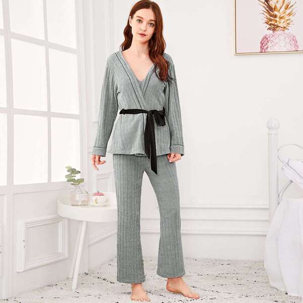 

Solid Cami Pajama Set With Wrap Robe