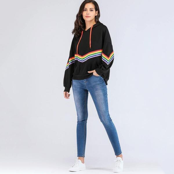 

Asymmetric Hem Drop Shoulder Drawstring Hoodie, Black