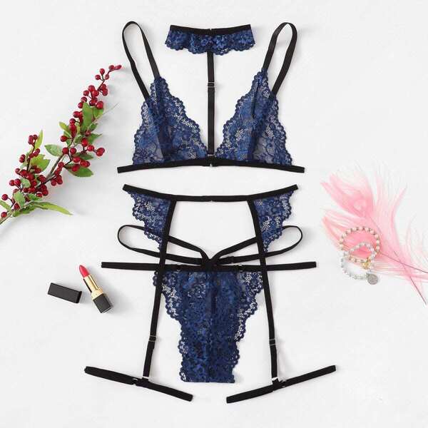 

Floral Lace Garter Lingerie Set With Choker, Navy
