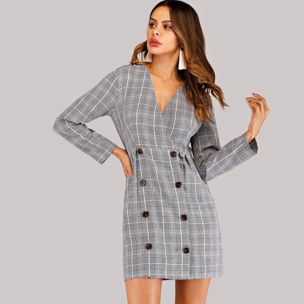 

Double Breasted Glen Plaid Dress, Grey