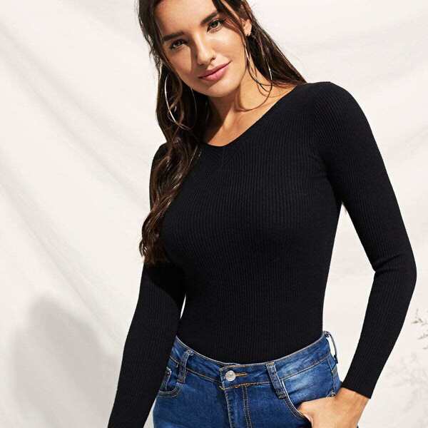 

Knit Detail Skinny Solid Sweater