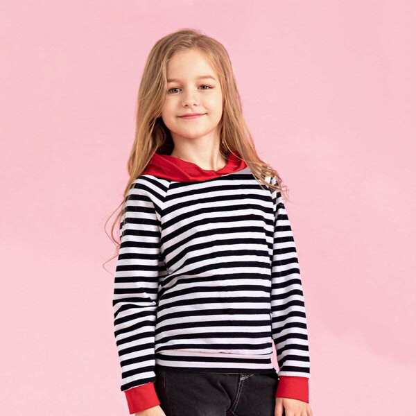 Girls Patched Detail Striped Hooded Sweatshirt
