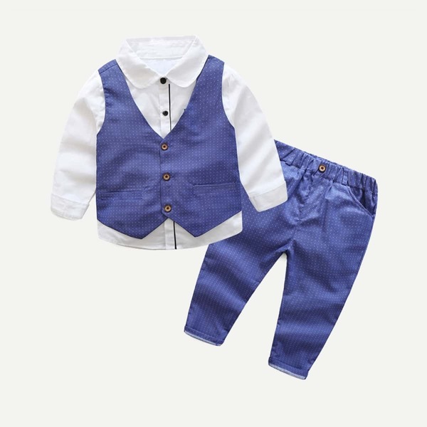 

Toddler Boys Long Sleeve Shirt & Polka Dot Pants & Vest