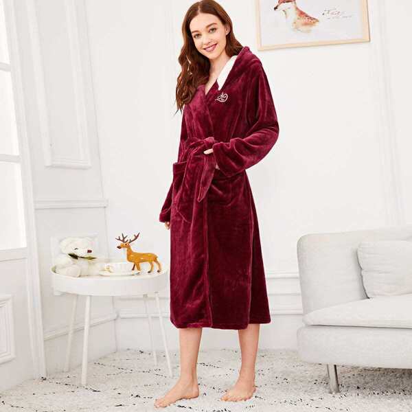 

Letter Embroidered Plush Hooded Robe