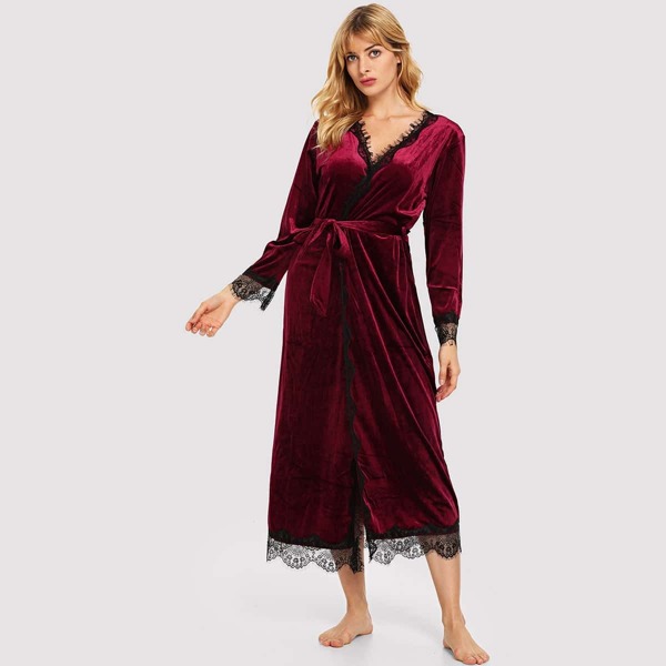 

Contrast Lace Self Belted Velvet Robe