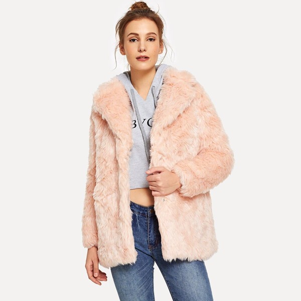 

Hidden Button Faux Fur Teddy Coat, Pink
