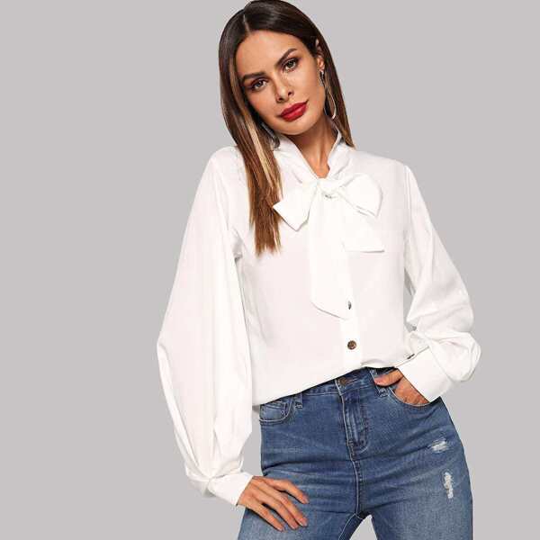 

Tie Neck Bishop Sleeve Top, White