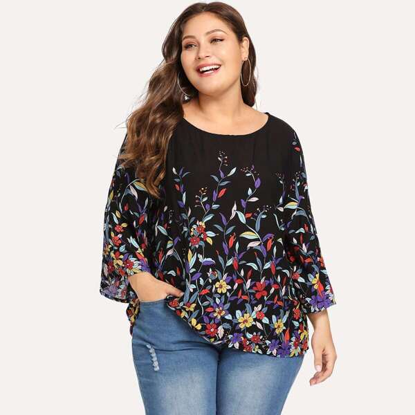 

Plus Round Neck Botanical Print Blouse, Black