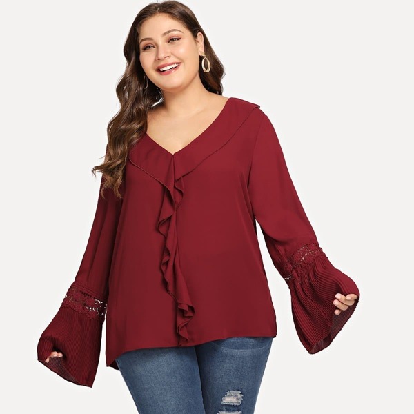 

Plus Lace Insert Pleated Bell Sleeve Ruffle Top