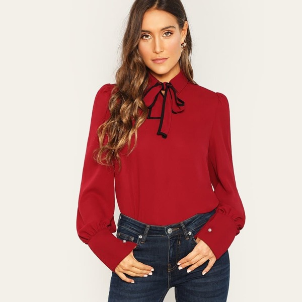 

Contrast Binding Tie Neck Blouse