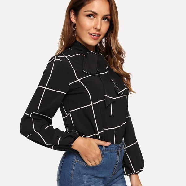 

Tie Neck Grid Print Top