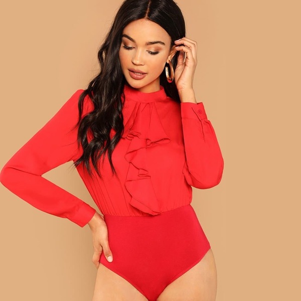 

Mock Neck Ruffle Trim Solid Bodysuit