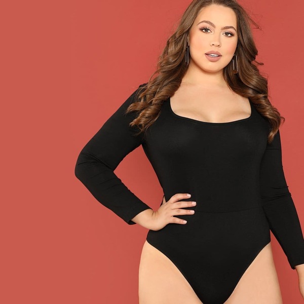

Plus Square Neck Solid Bodysuit, Black