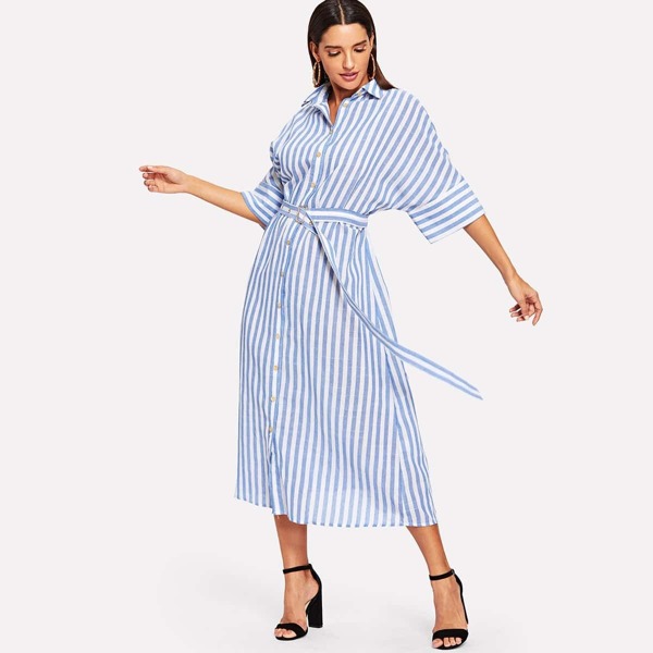 

Waist Belted Collar Neck Striped Dress